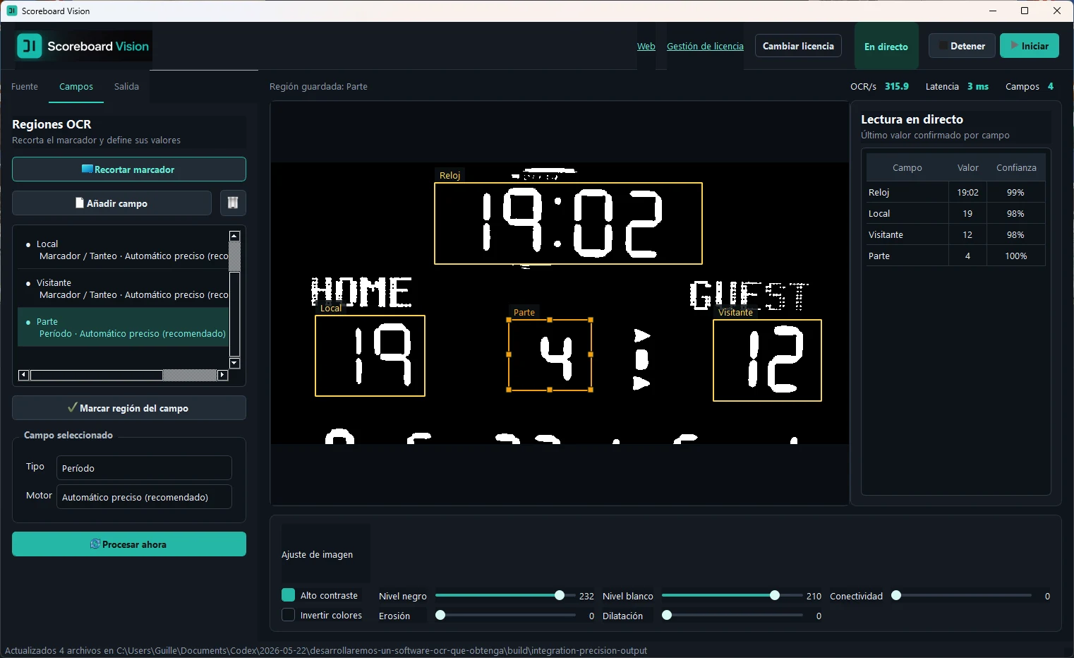 Scoreboard Vision definiendo regiones OCR sobre un marcador
